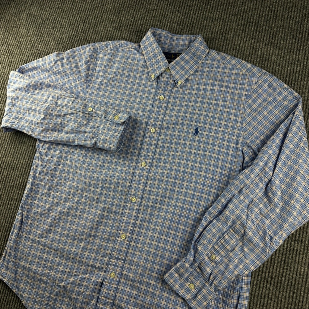 Ralph Lauren Mens Large Blue Orange Plaid Cotton Stretch Button Down Shirt